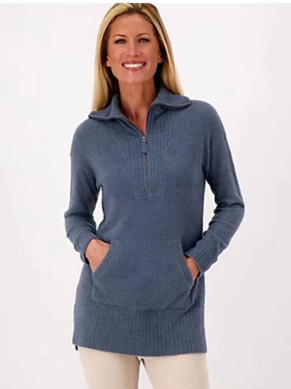 Barefoot Dreams Cozychic High Rib Half Zip Tunic Deep Ocean Blue XS NWT